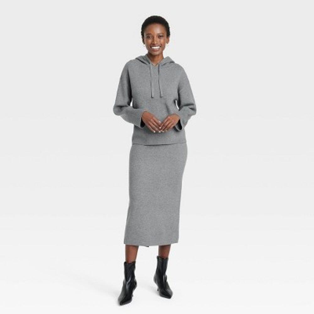 A New Day Gray Knit Hoodie Sweater and Maxi Skirt Set Women's Size Small/Medium